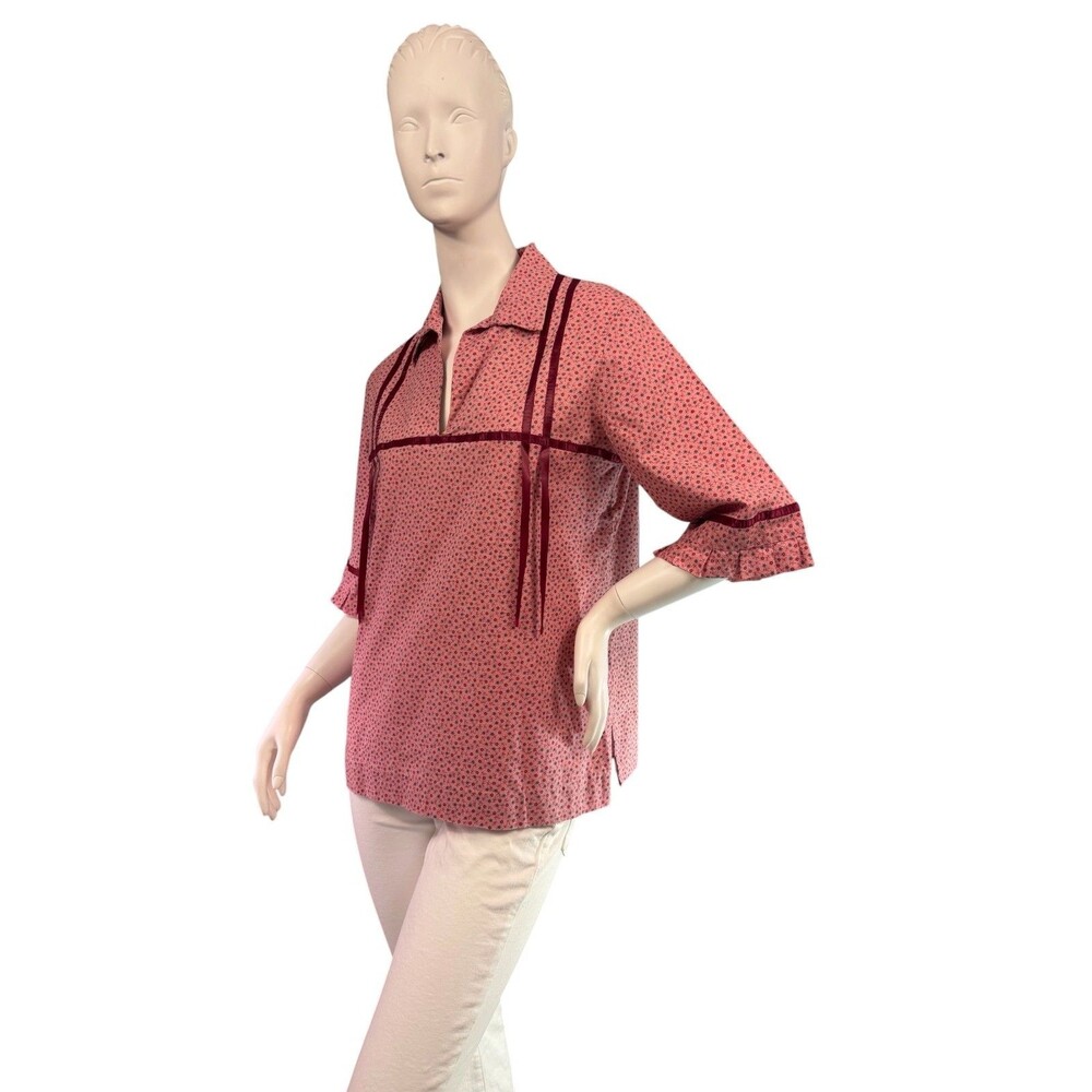 Native American Style Women's Vintage Ribbon Shirt Pink Calico Ruffled Cuff Sz M